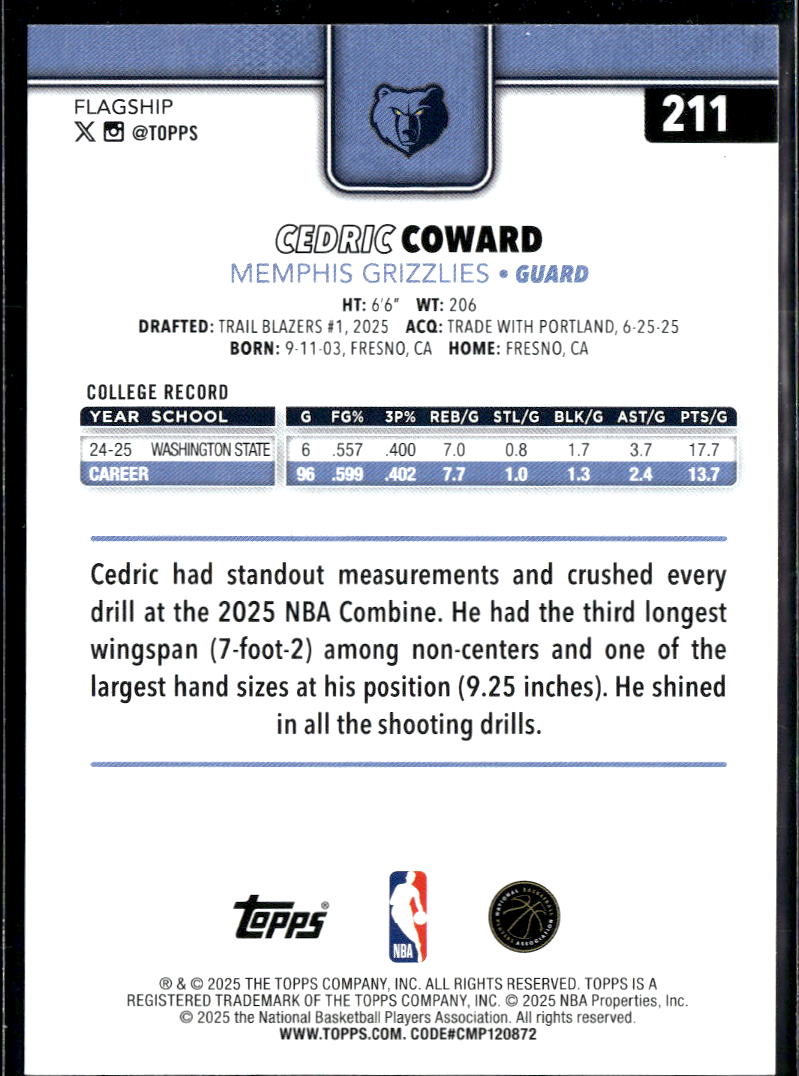 Cedric Coward 2025 Topps GOLD Rookie RC 1855/2025 Memphis Grizzlies