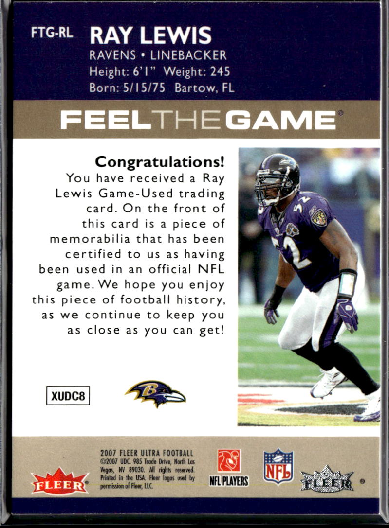 Ray Lewis 2007 Fleer Ultra Game Worn Jersey Patch Baltimore Ravens