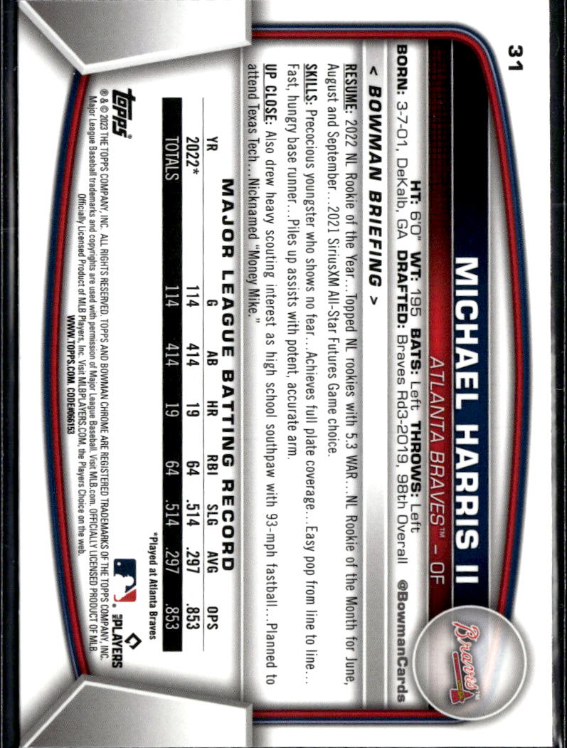 Michael Harris II 2023 Bowman Chrome RC Blue Sapphire Refractor Atlanta Braves