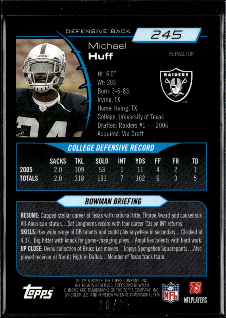 Michael Huff 2006 Bowman Chrome Orange Refractor RC 10/25 Longhorns Raiders