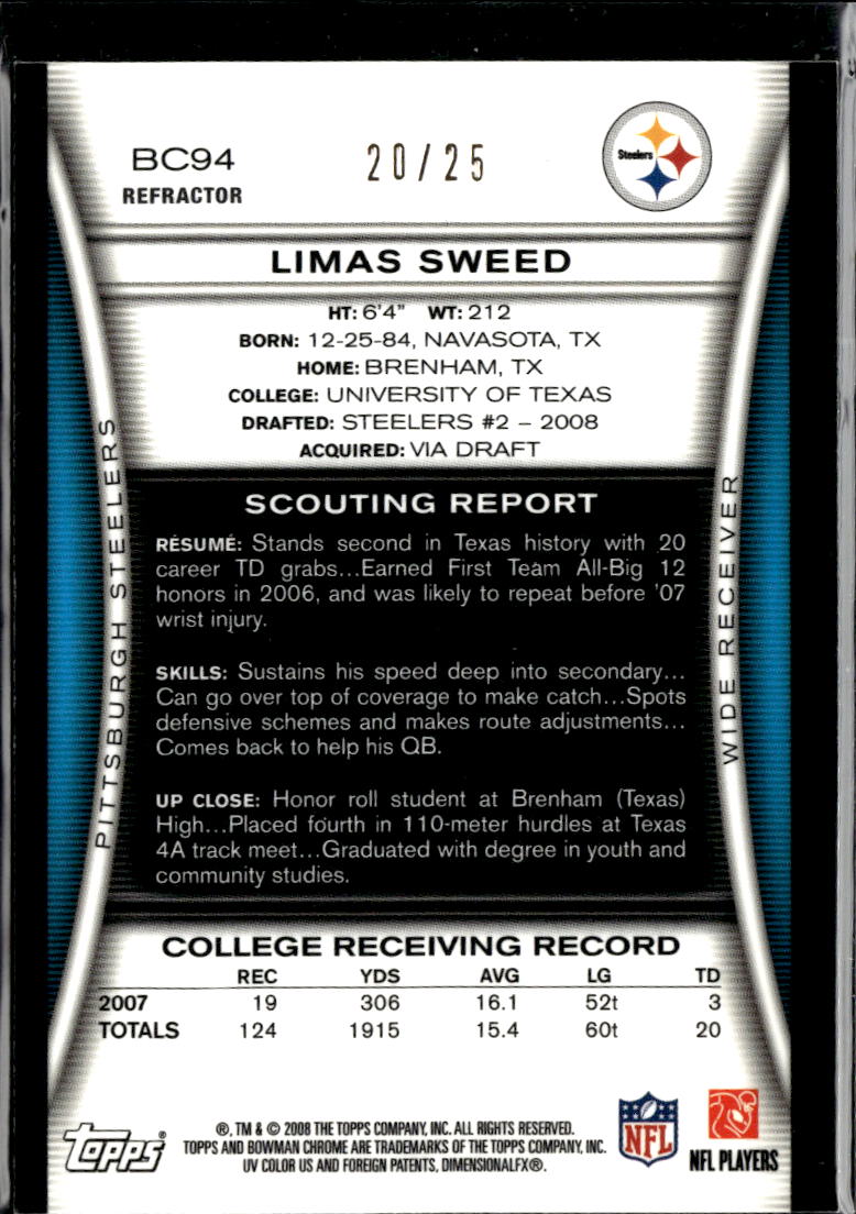 Limas Sweed 2008 Bowman Chrome Orange Refractor RC 20/25 Longhorns Steelers