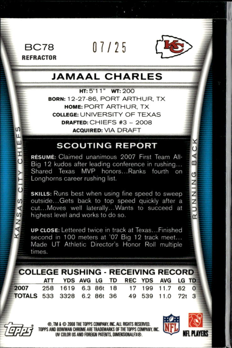 Jamaal Charles 2008 Bowman Chrome Orange Refractor RC 7/25 Kansas City Chiefs