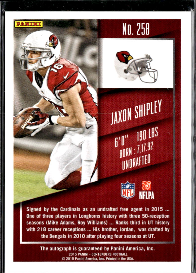 Jaxon Shipley 2015 Contenders Autograph Cracked Ice 18/23 Longhorns Cardinals