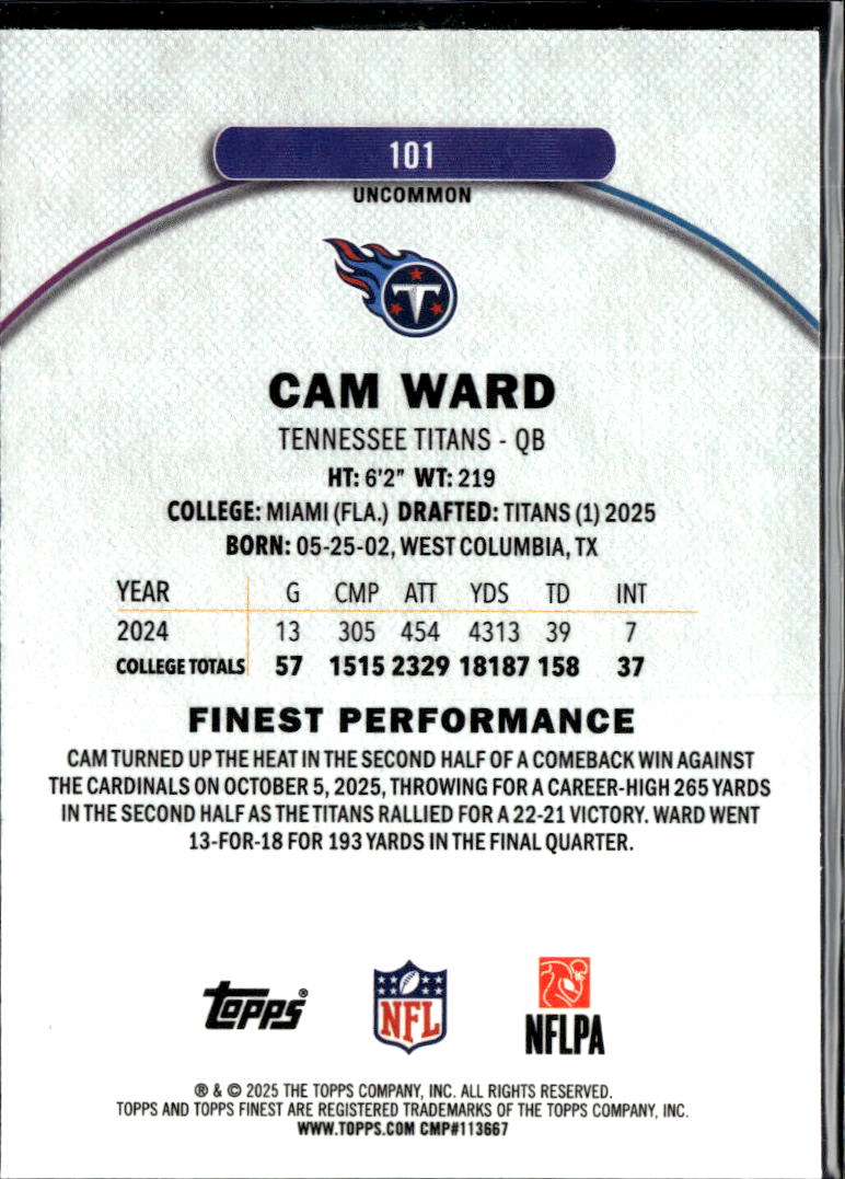 Cam Ward 2025 Topps Finest Light Blue Refractor RC 194/250 Tennessee Titans