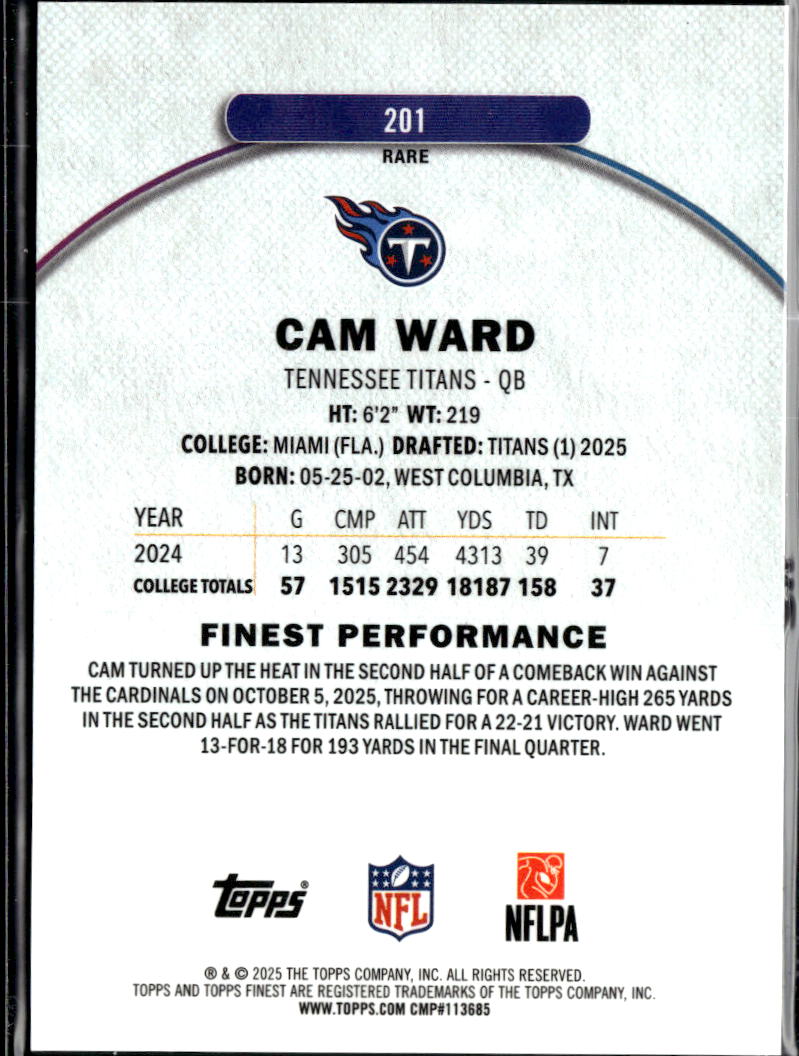 Cam Ward 2025 Topps Finest RARE Light Blue Refractor RC 123/150 Tennessee Titans