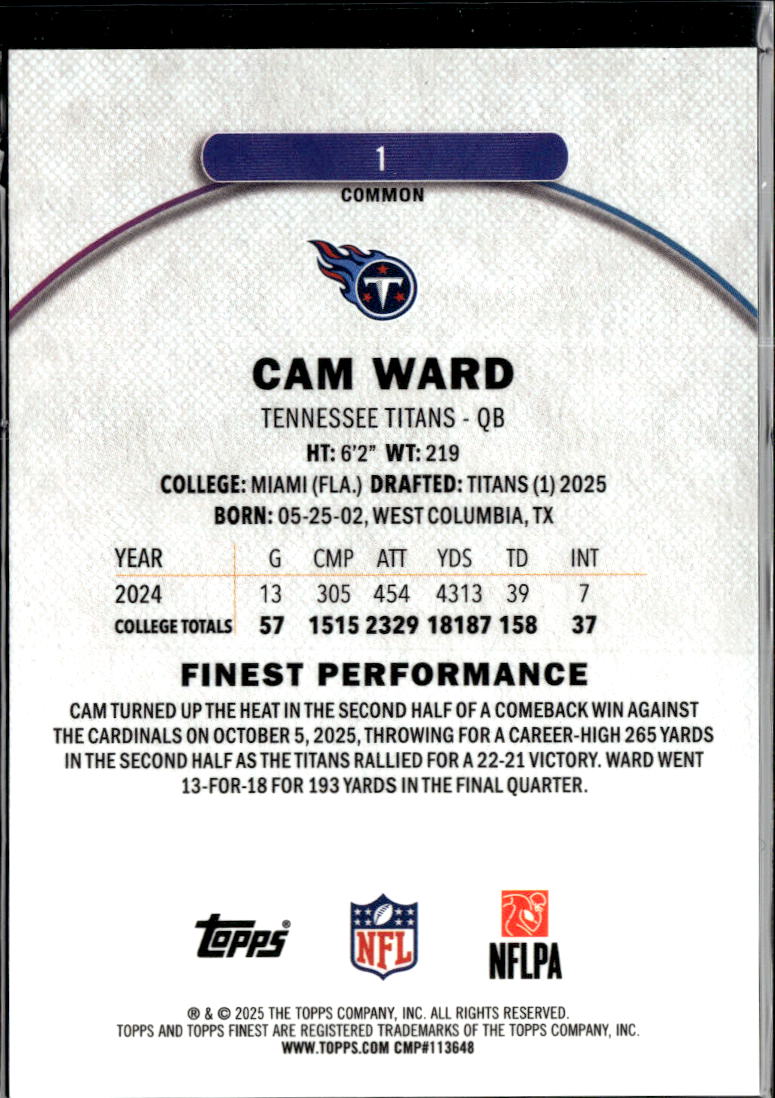 Cam Ward 2025 Topps Finest Rookie RC Green Refractor 53/75 Tennessee Titans