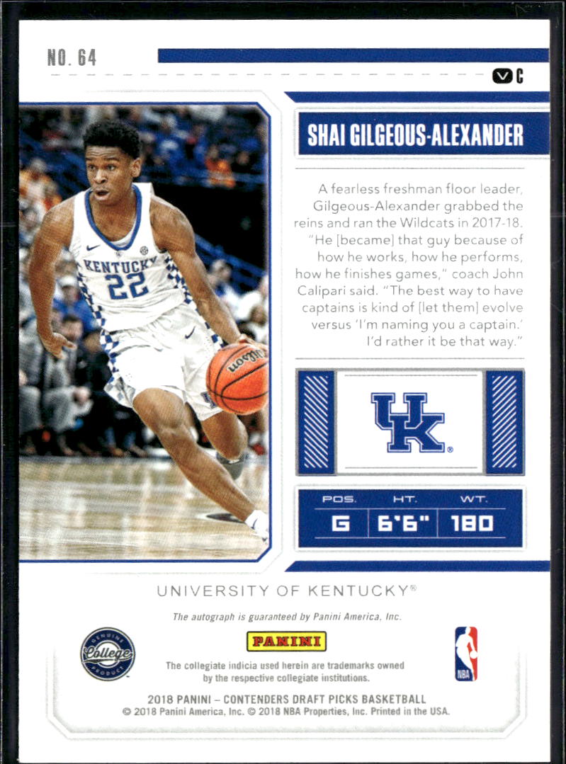 Shai Gilgeous-Alexander 2018 Contenders Draft Auto Autograph RC Kentucky Thunder