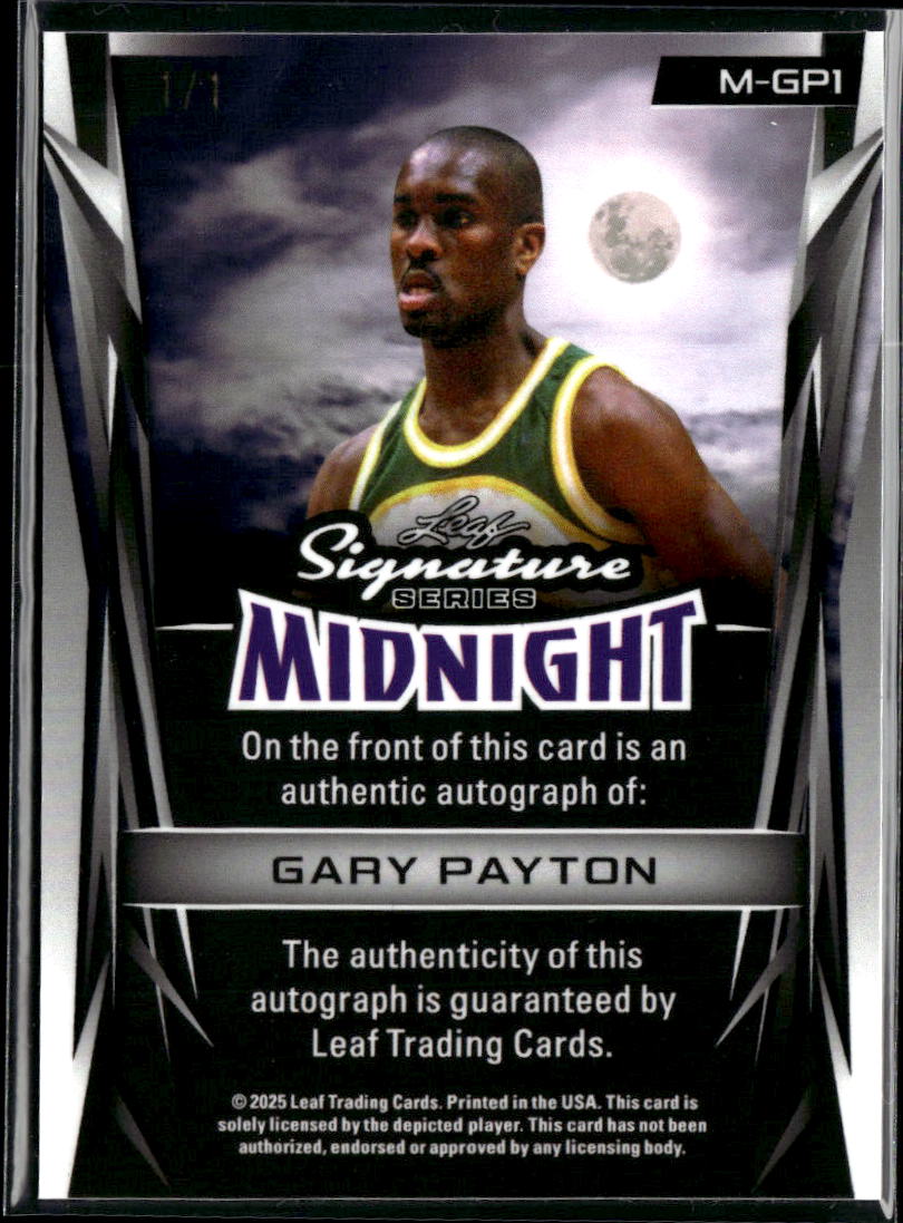 Gary Payton 2025 Leaf Midnight Auto Autograph Gold Vinyl 1/1 Seattle SuperSonics