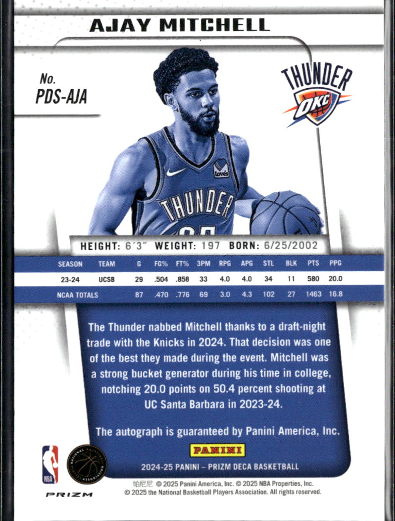 Ajay Mitchell 2024-25 Prizm Deca Auto Autograph RC Oklahoma City Thunder