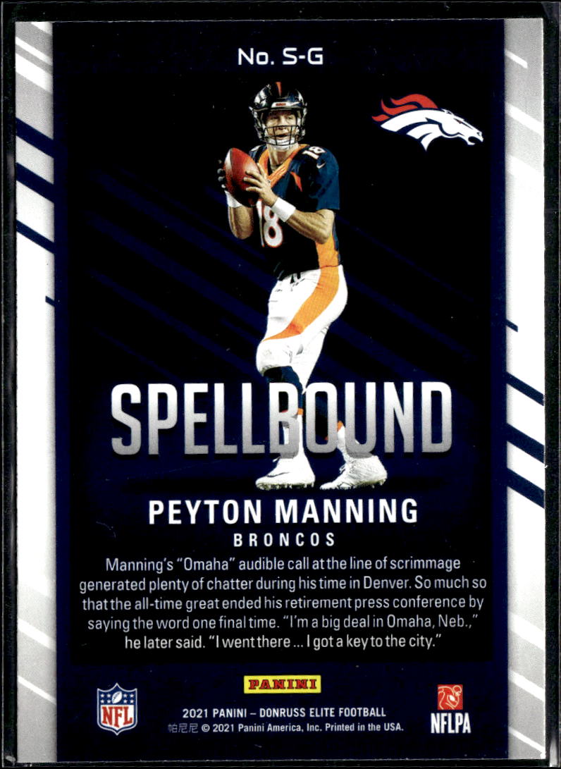 Peyton Manning 2021 Donruss Elite Spellbound Green "G" Denver Broncos
