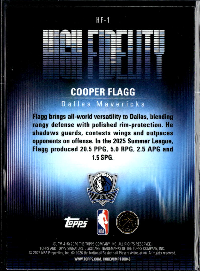 Cooper Flagg 2026 Topps Signature Class High Fidelity Rookie RC Dallas Mavericks