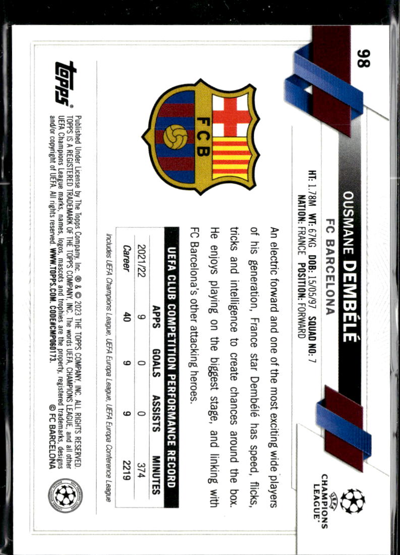 Ousmane Dembélé 2023 Topps Chrome UEFA Club Pulsar Refractor FC Barcelona
