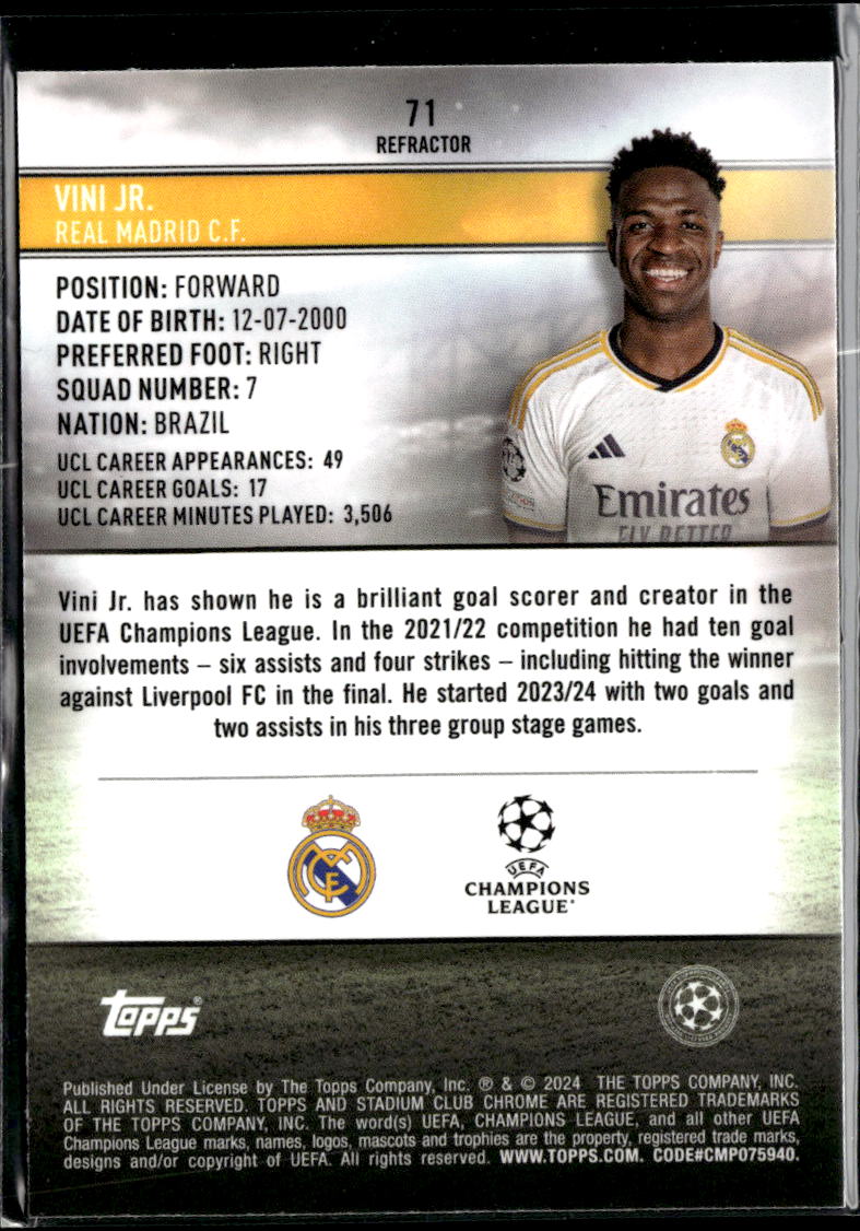 Vini Jr. Vinicius Junior 2024 Topps Stadium Club Chrome Refractor Real Madrid