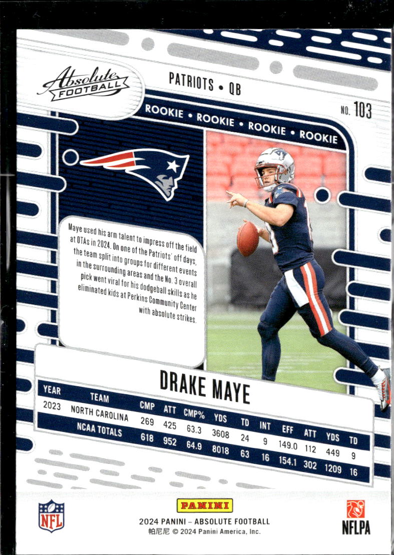Drake Maye 2024 Absolute Rookie RC New England Patriots