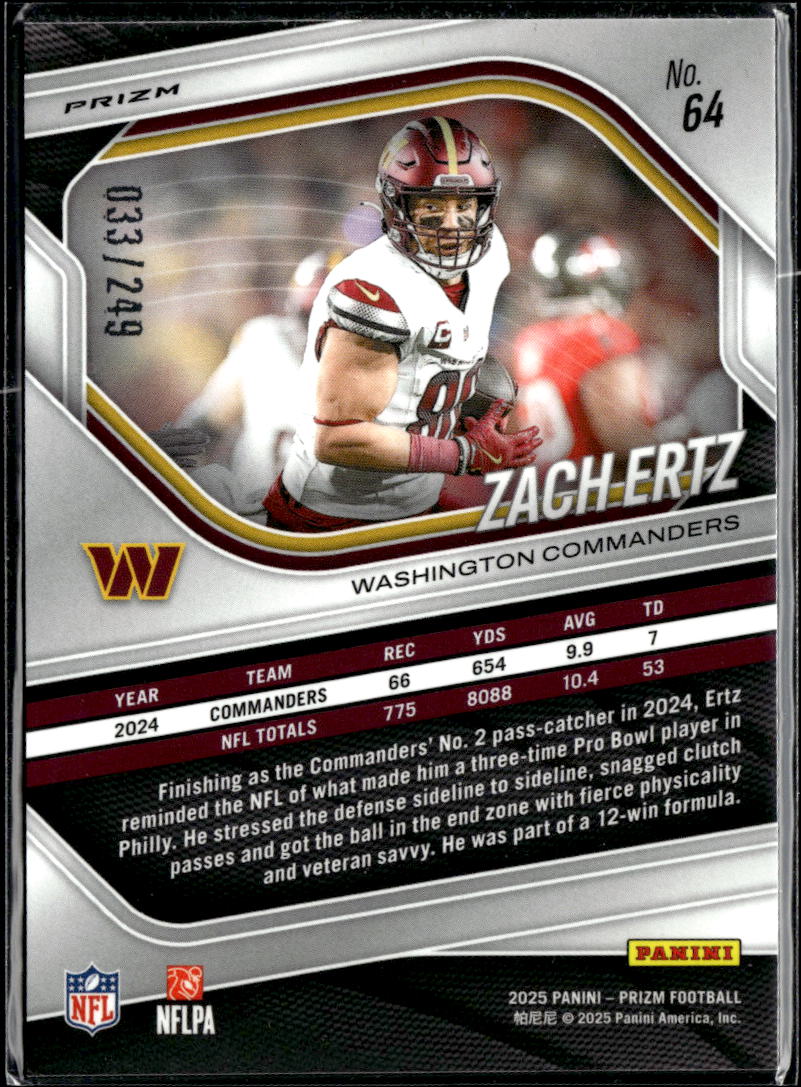 Zach Ertz 2025 Panini Prizm Orange 33/249 Washington Commanders