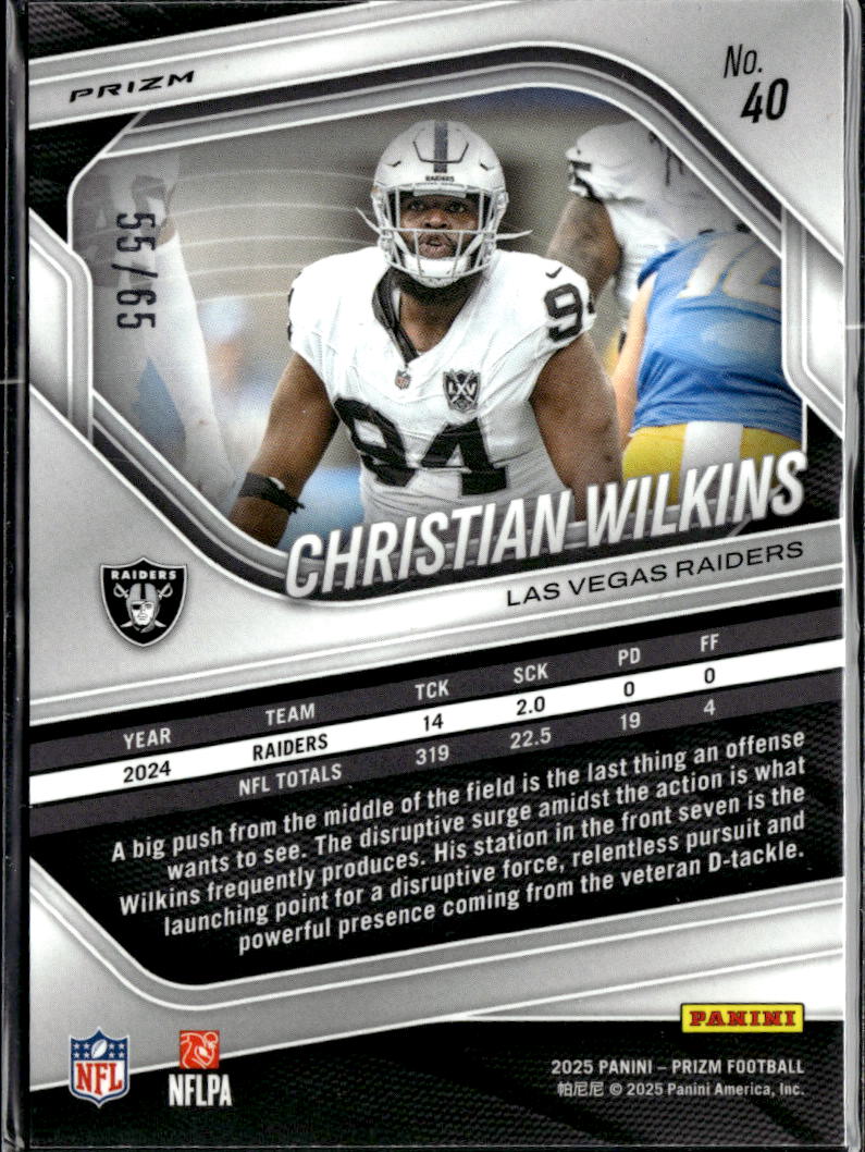 Christian Wilkins 2025 Panini Prizm Orange Wave 55/65 Las Vegas Raiders