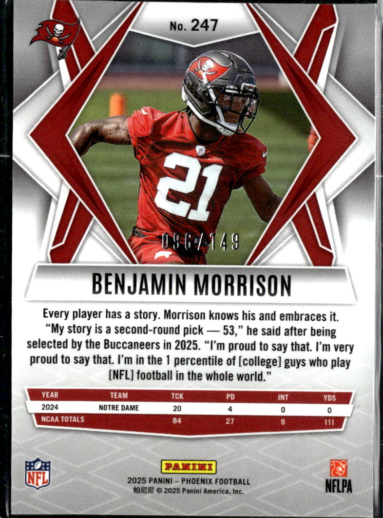 Benjamin Morrison 2025 Phoenix Logo Rookie RC /149 Tampa Bay Buccaneers