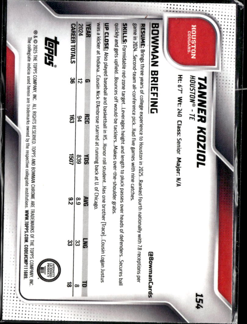 Tanner Koziol 2025 Bowman Chrome 1st Aqua Diamond Refractor /325 Houston Cougars