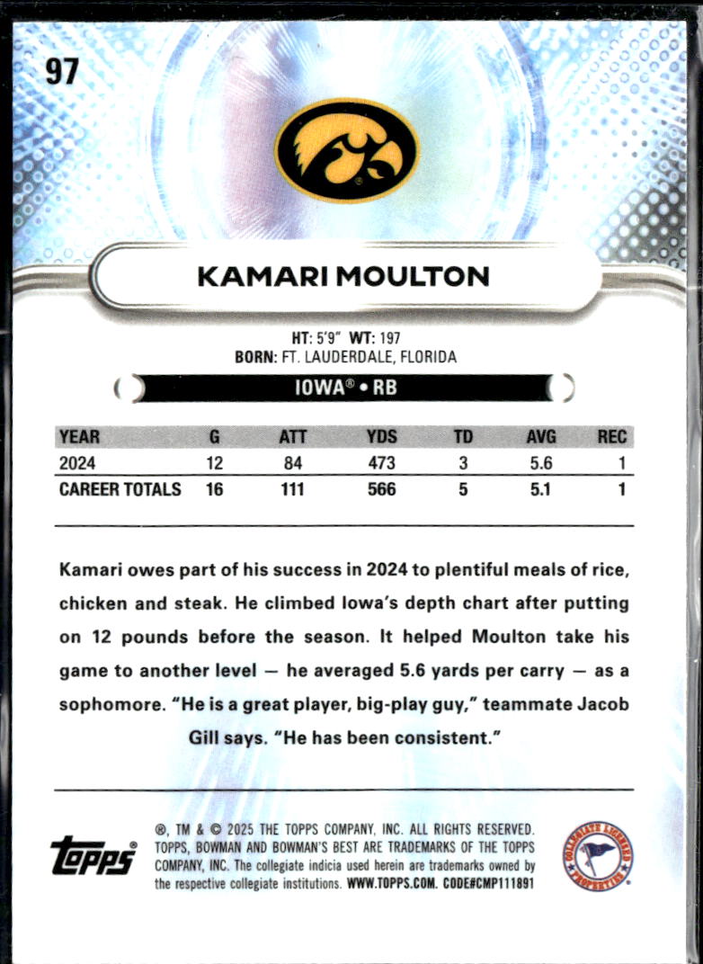 Kamari Moulton 2025 Bowman's Best Pink RC 107/175 Iowa Hawkeyes