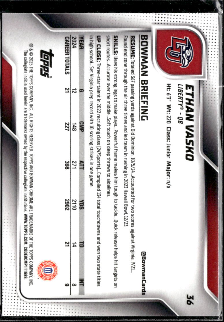 Ethan Vasko 2025 Bowman Chrome 1st Purple 163/225 Liberty Flames