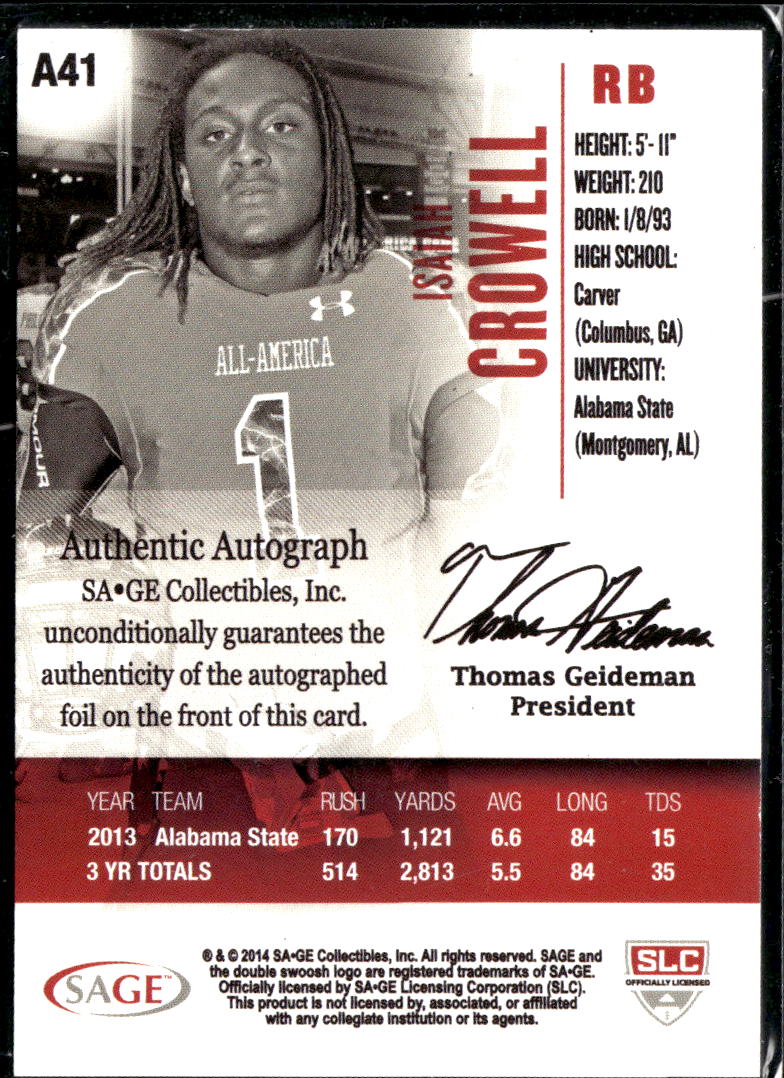 Isaiah Crowell 2014 SAGE HIT Auto Autograph RC Browns Alabama State Hornets