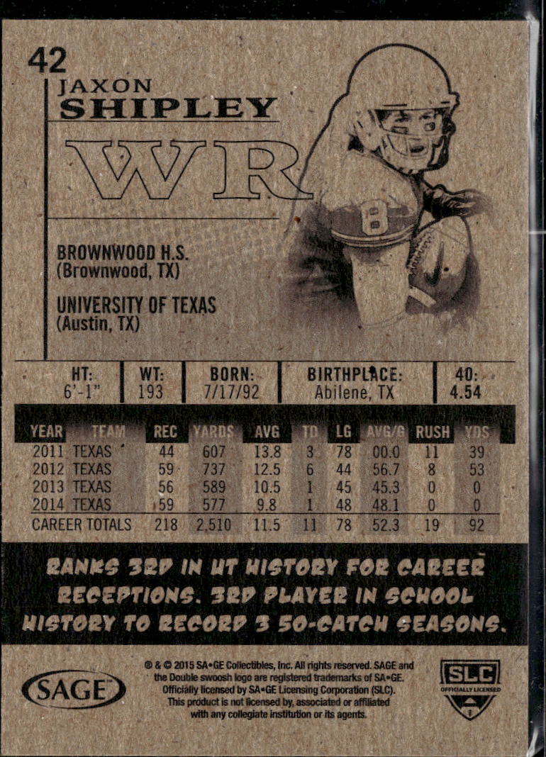 Jaxon Shipley 2015 SAGE HIT IP Auto Autograph RC Texas Longhorns