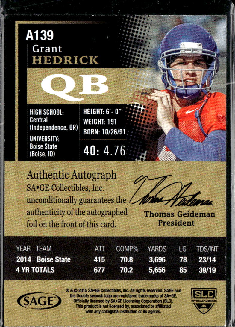 Grant Hedrick 2015 SAGE HIT Auto Autograph RC Boise State Broncos