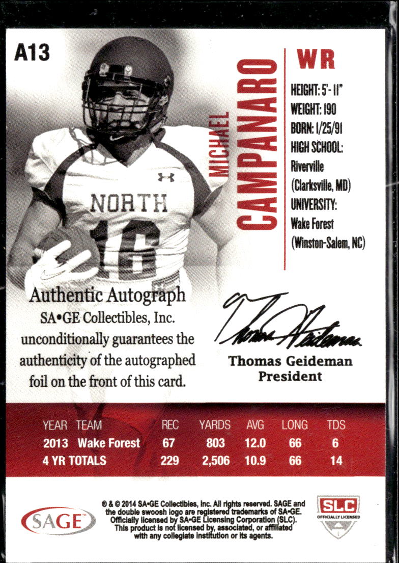 Michael Campanaro 2014 SAGE HIT Auto Autograph RC Raiders