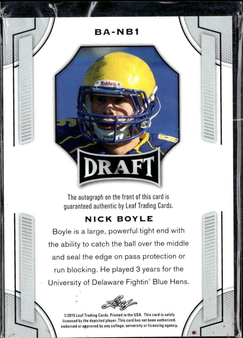 Nick Boyle 2015 Leaf Draft Auto Autograph RC Delaware Fightin' Blue Hens