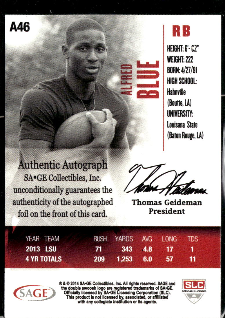 Alfred Blue 2014 SAGE HIT Auto Autograph RC LSU Tigers