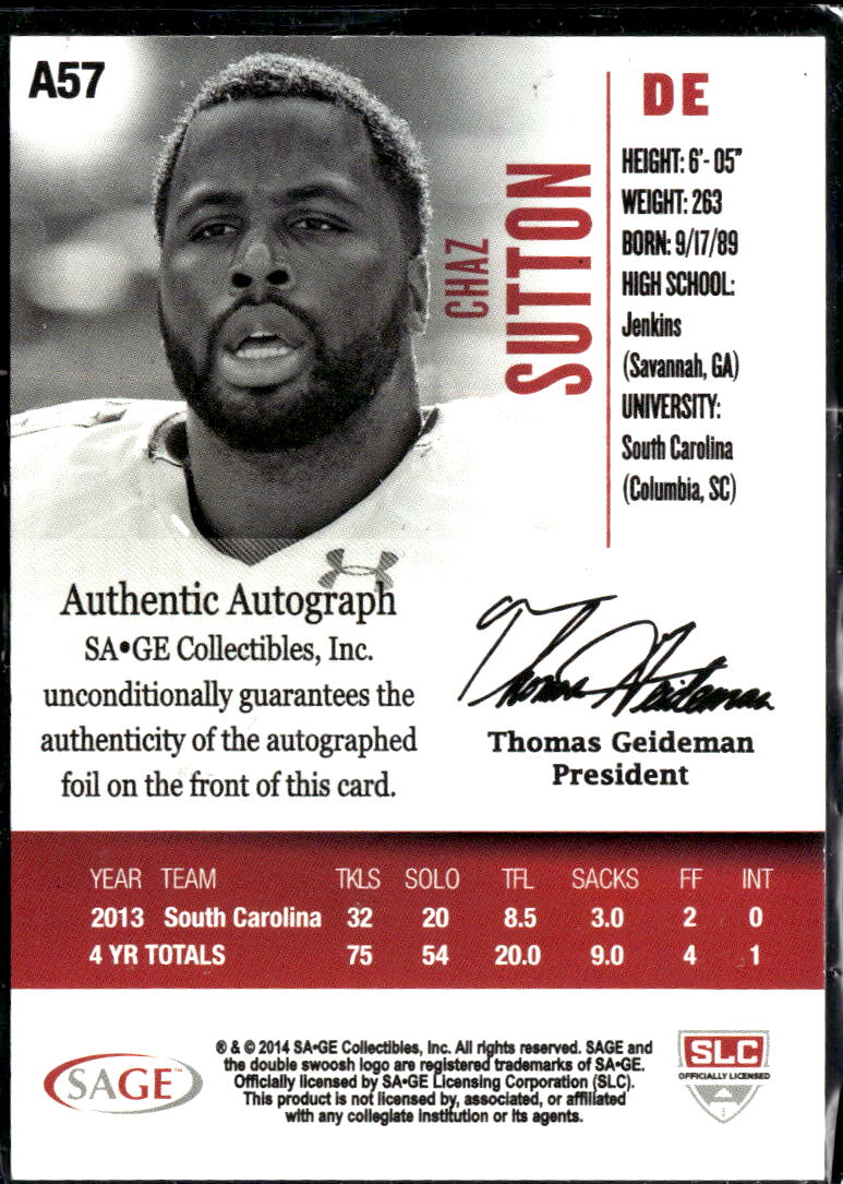 Chaz Sutton 2014 SAGE Hit Auto Autograph RC /250 South Carolina Gamecocks