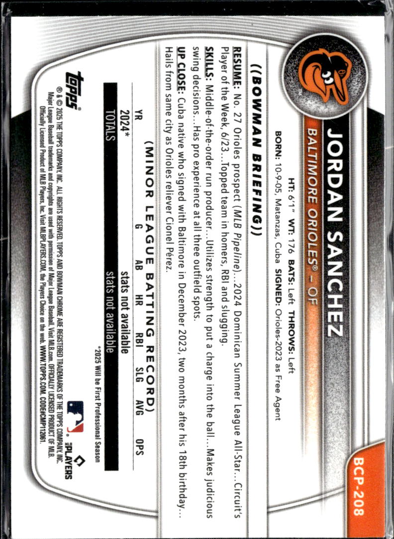 Jordan Sanchez 2025 Bowman Chrome 1st Purple Geometric 21/250 Baltimore Orioles