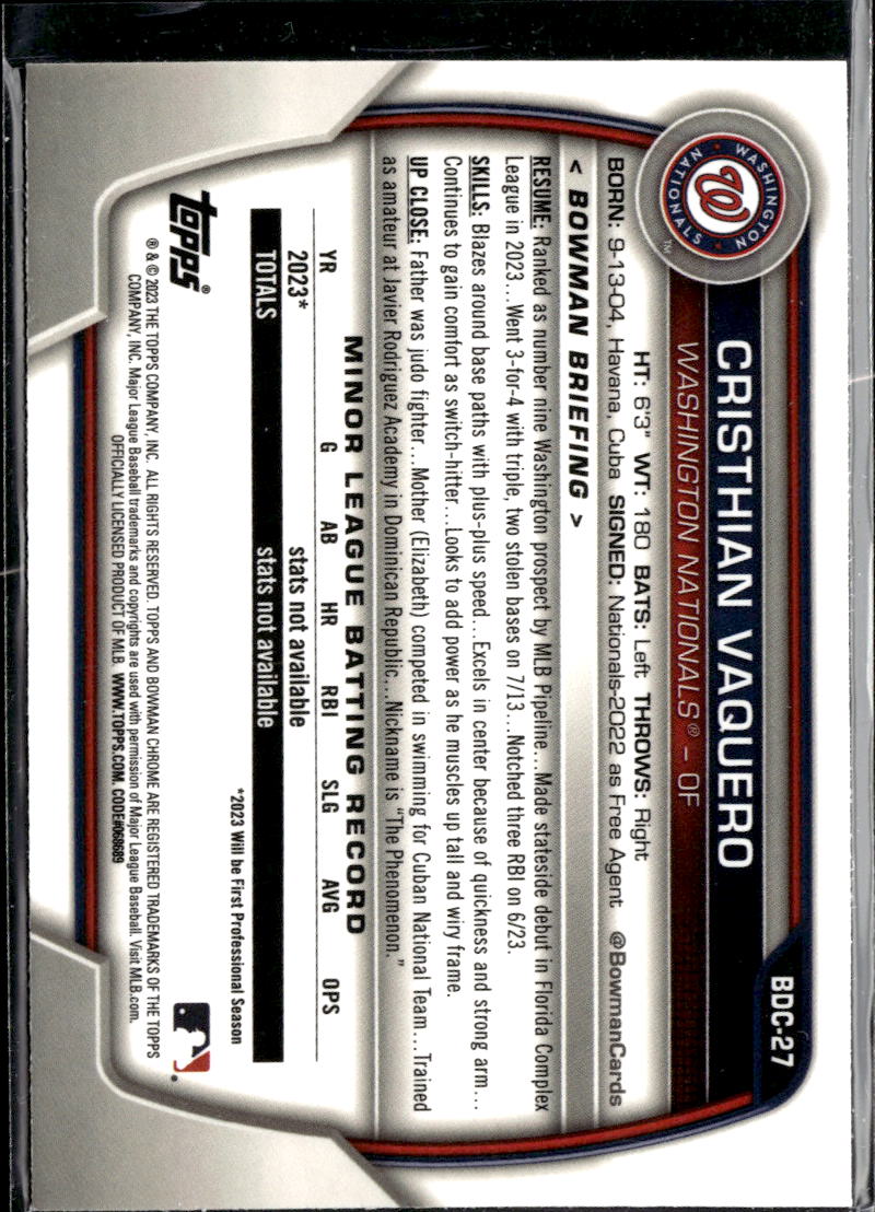 Cristhian Vaquero 2023 Bowman Chrome Speckle Refractor Washington Nationals