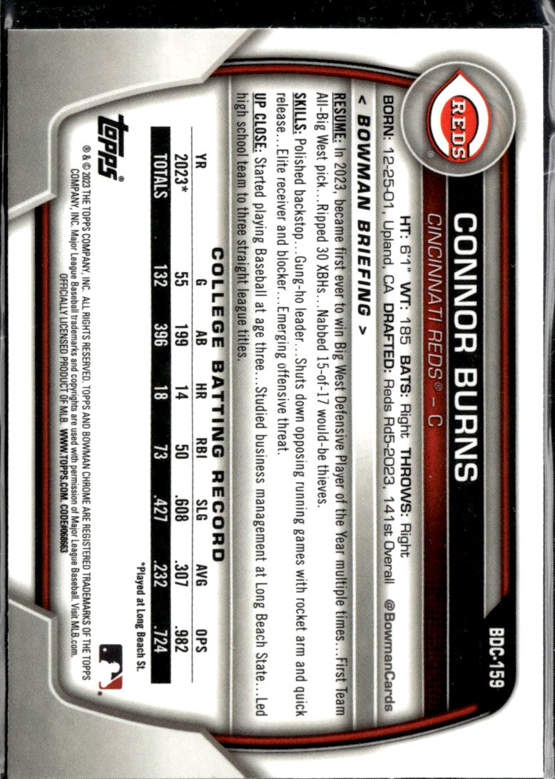 Connor Burns 2023 Bowman Chrome 1st Green Wave Refractor /125 Cincinnati Reds