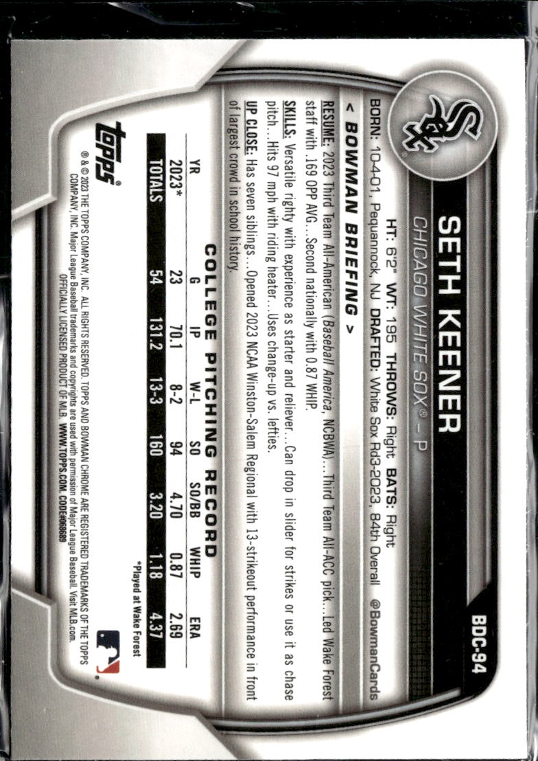 Seth Keener 2023 Bowman Chrome 1st Speckle Refractor Chicago White Sox