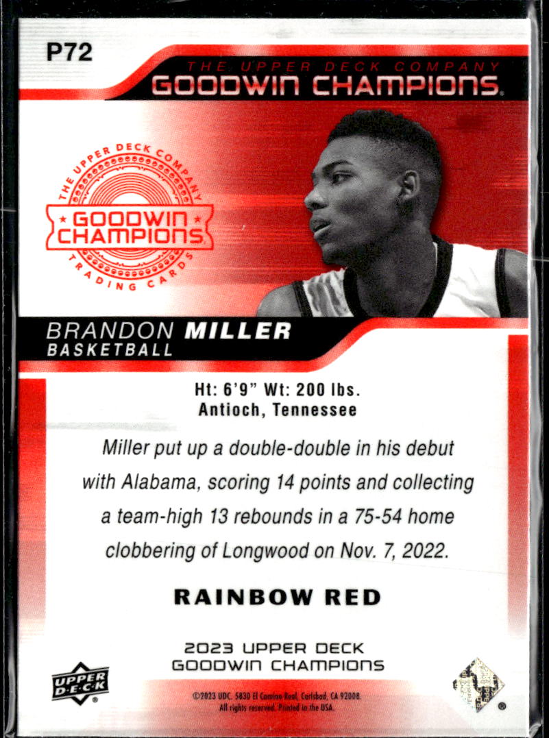 Brandon Miller 2023 Upper Deck Goodwin Champions Rainbow Red RC Alabama