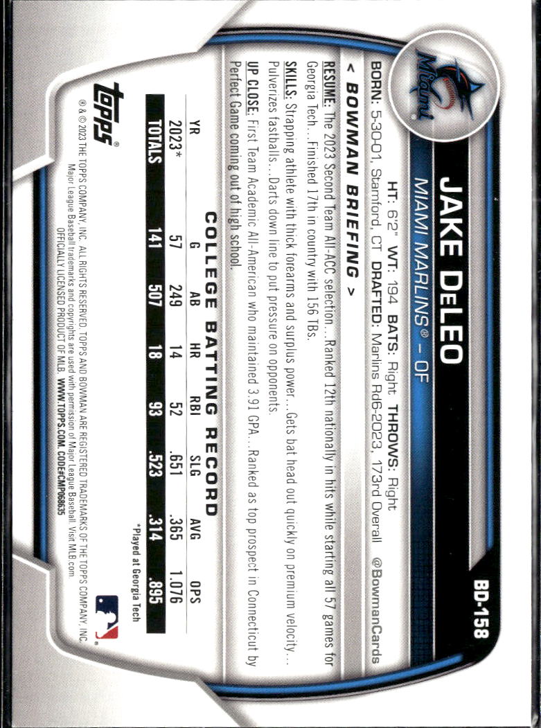 Jake DeLeo 2023 Bowman Draft 1st Teal & Pink /199 Miami Marlins