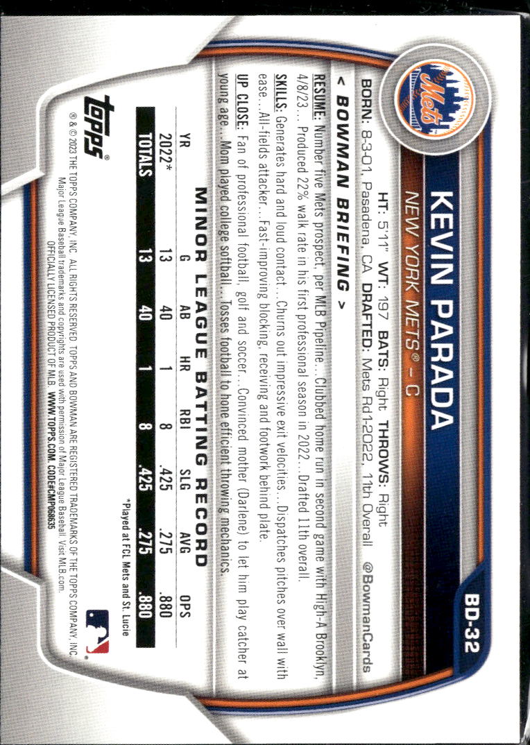 Kevin Parada 2023 Bowman Draft Sky Blue Border /499 New York Mets