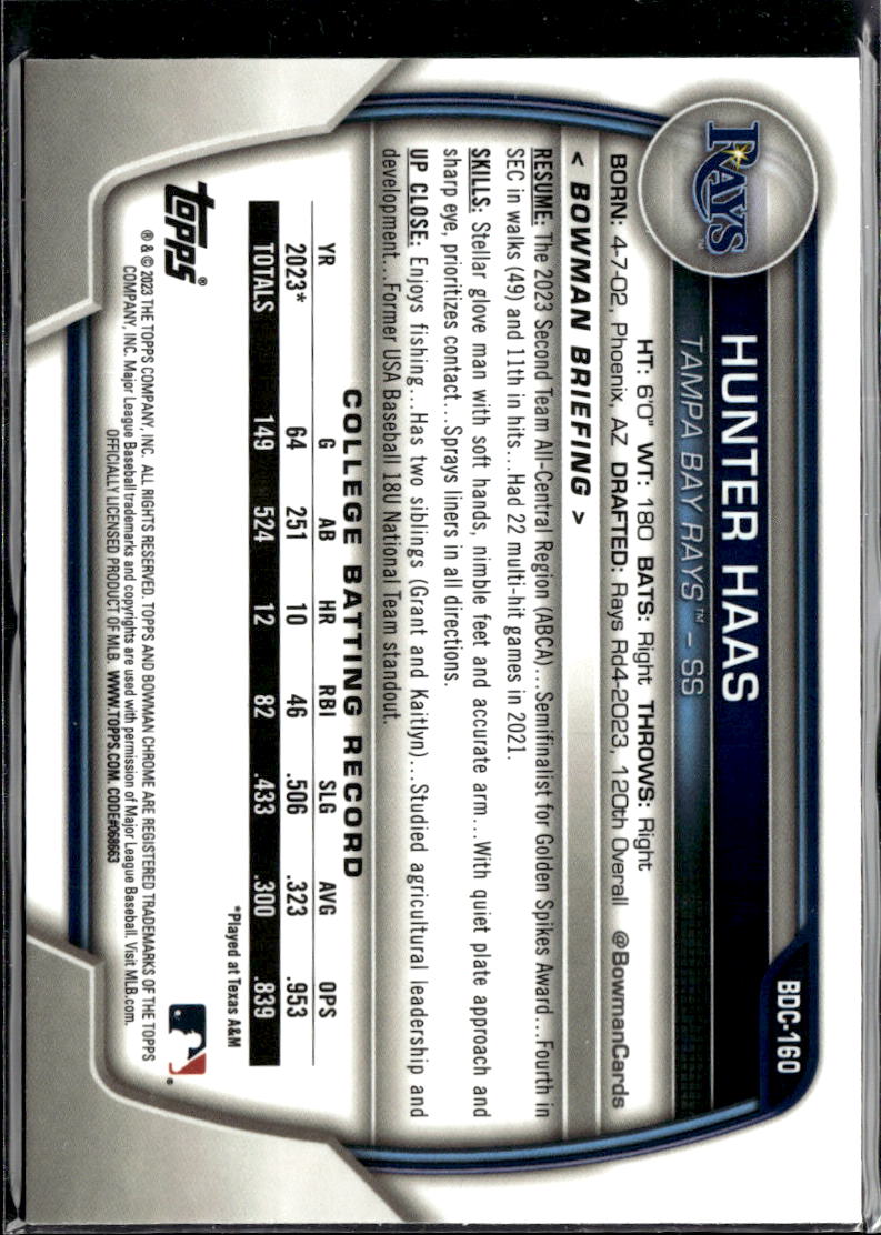 Hunter Haas 2023 Bowman Chrome 1st Purple Refractor /250 Tampa Bay Rays