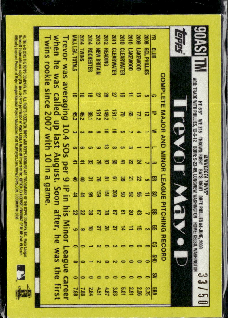 Trevor May 2015 Topps '90 GOLD 33/50 Minnesota Twins