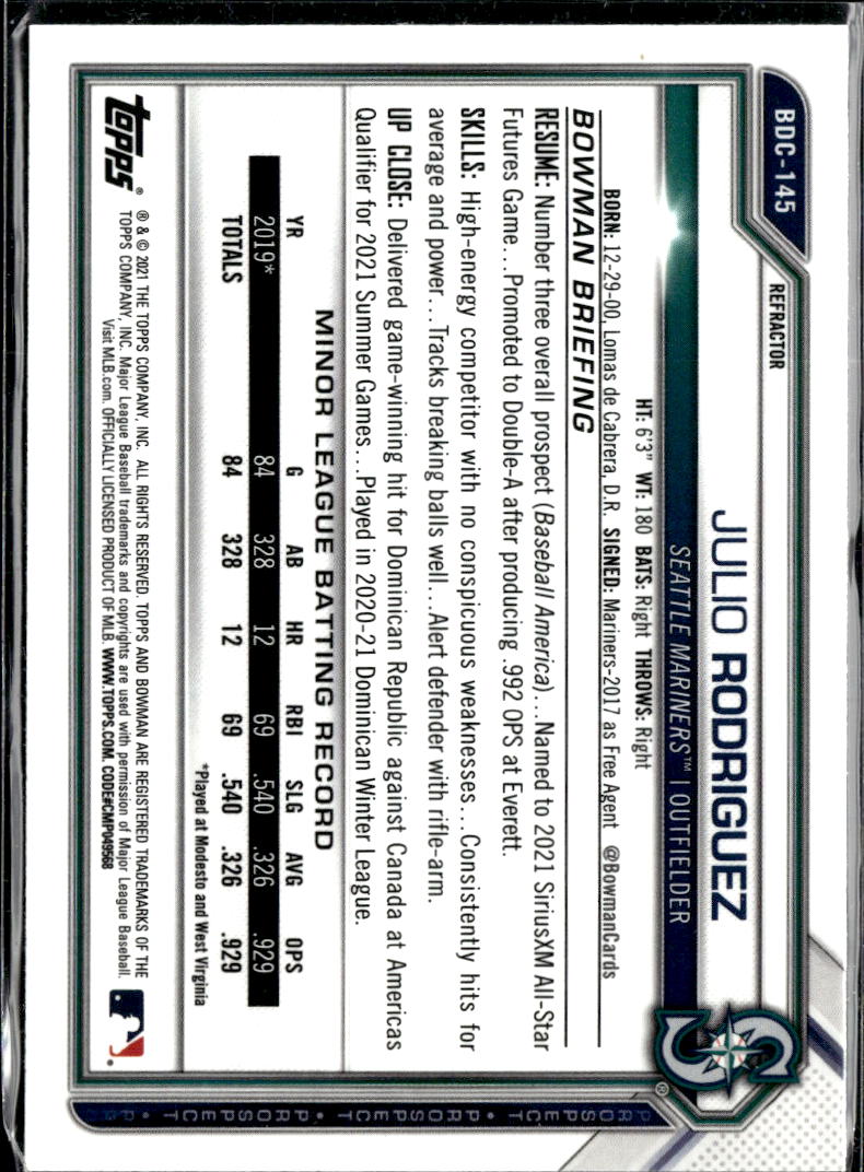 Julio Rodriguez 2020 Bowman Chrome Prospect Refractor Seattle Mariners