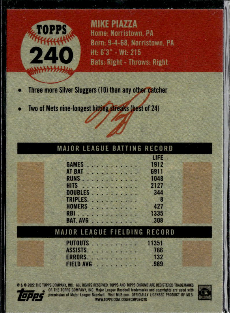 Mike Piazza 2022 Topps Chrome Platinum Blue Refractor New York Mets