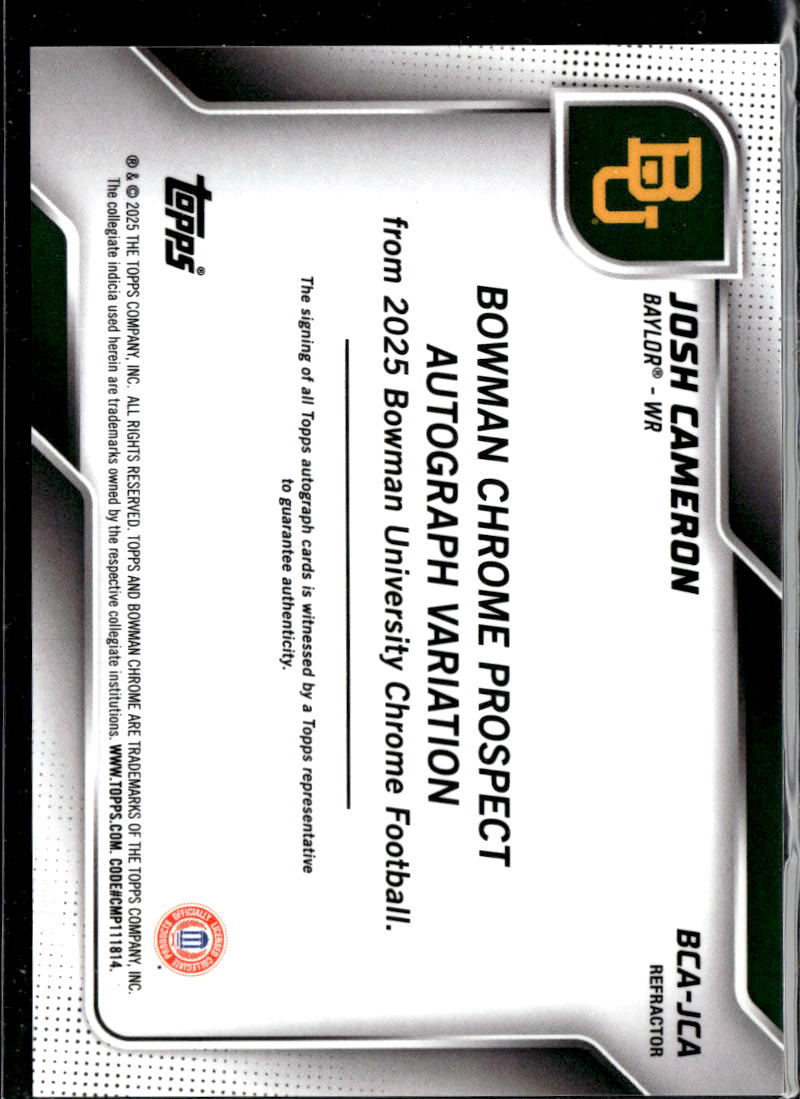 Josh Cameron 2025 Bowman Chrome 1st Auto Autograph RC /299 Baylor Bears