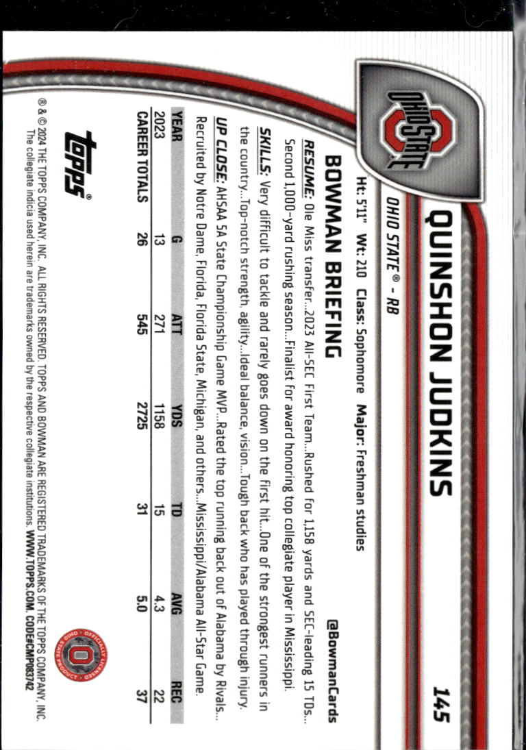 Quinshon Judkins 2024 Bowman Chrome Pink Diamond 5/125 Ohio State Buckeyes