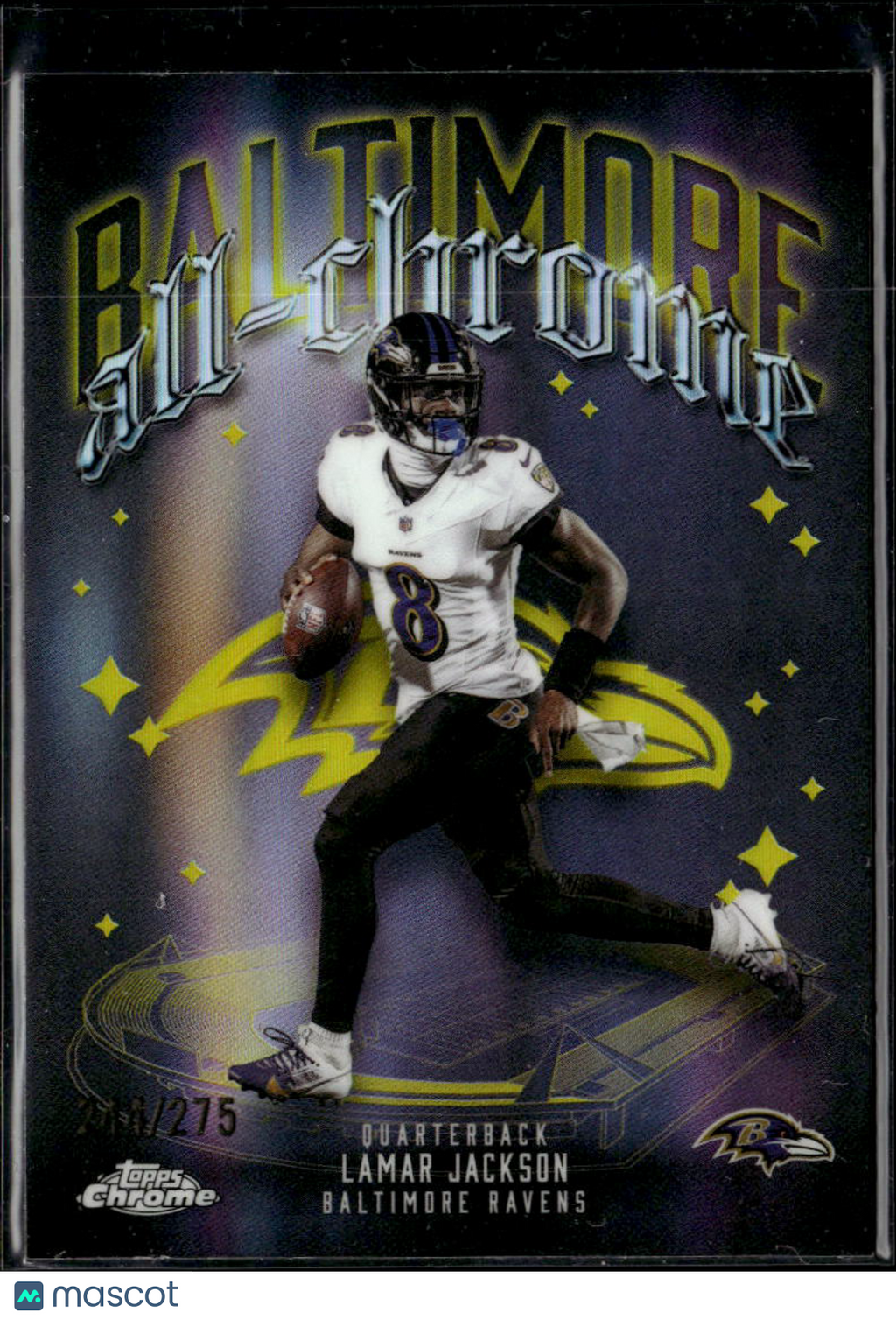Lamar Jackson 2025 Topps Chrome All-Chrome Yellow Refractor 244/275 Ravens