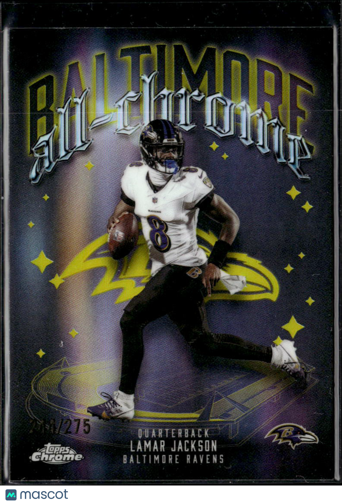 Lamar Jackson 2025 Topps Chrome All-Chrome Yellow Refractor 244/275 Ravens