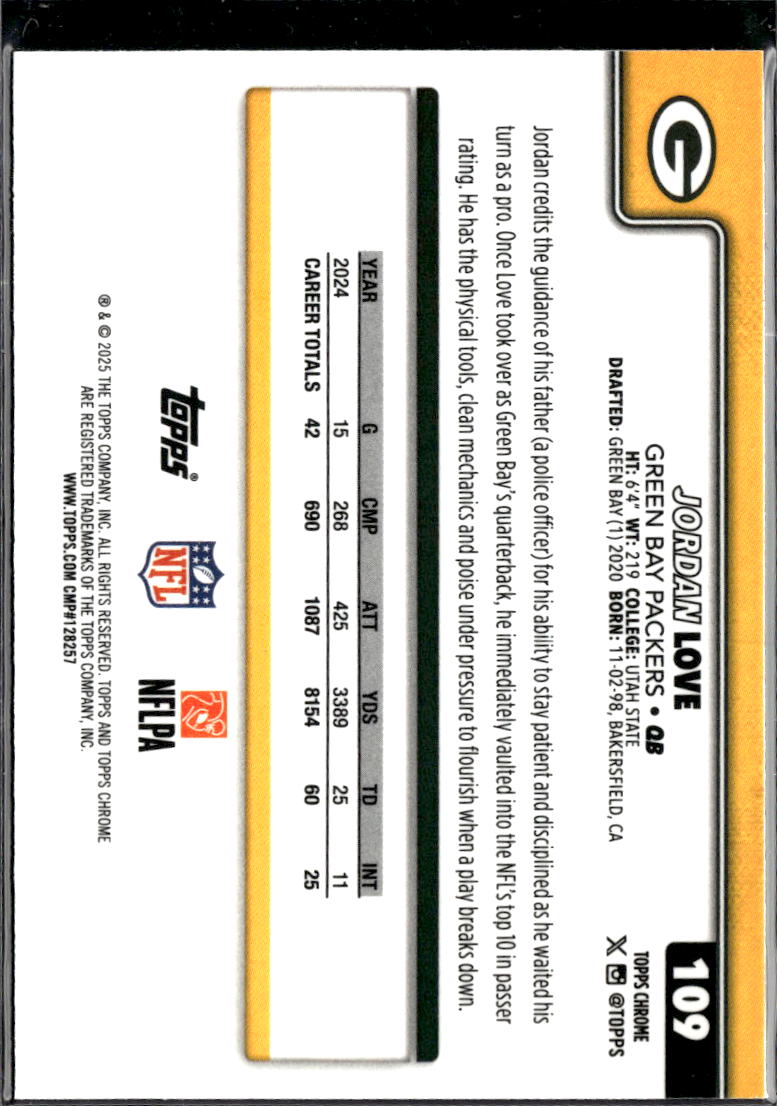 Jordan Love 2025 Topps Chrome Aqua Refractor 287/299 Green Bay Packers