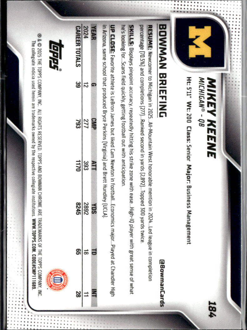 Mikey Keene 2025 Bowman Chrome Green 57/275 Michigan Wolverines