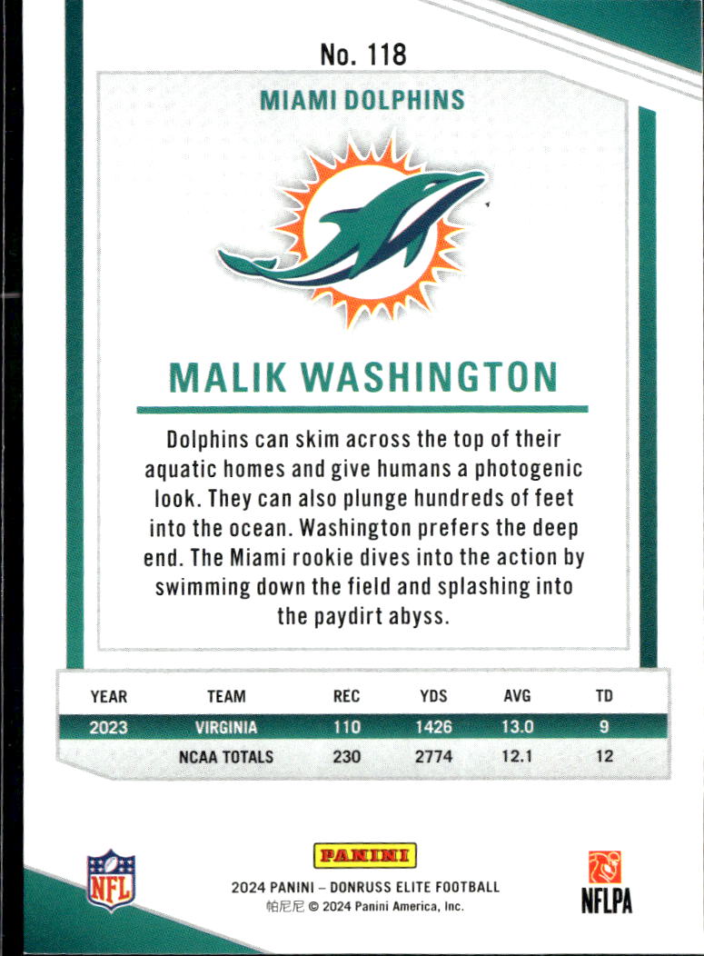 Malik Washington 2024 Elite Rookie RC Blue 45/99 Miami Dolphins