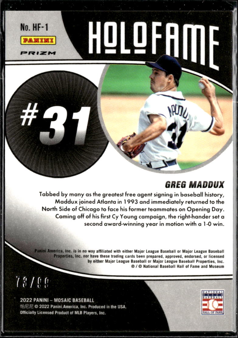 Greg Maddux 2022 Mosaic Holofame Orange 73/99 Atlanta Braves